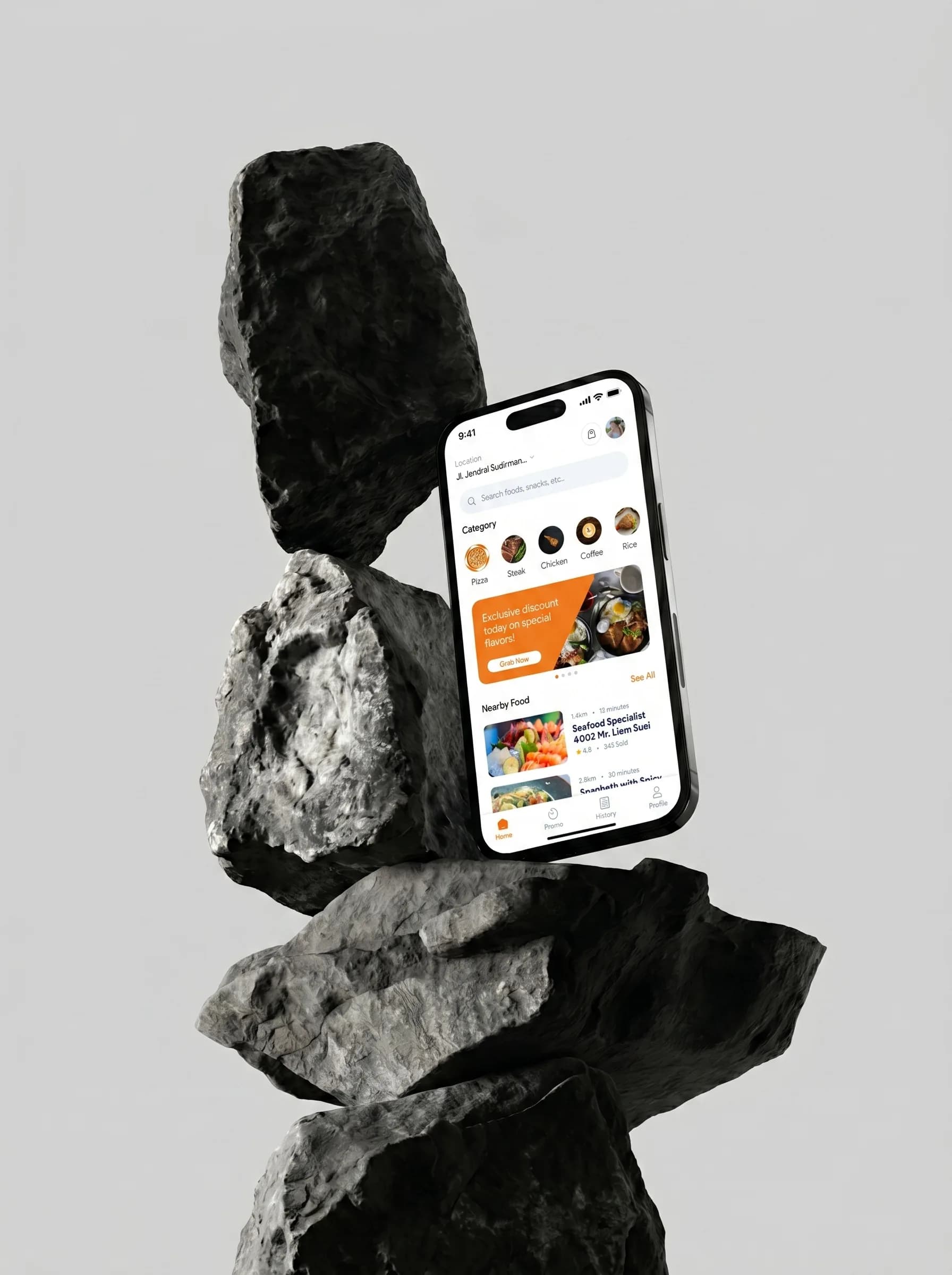 Food delivery app on iPhone mockup with stone backdrop